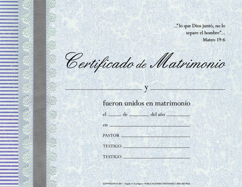 Plantilla de certificado de matrimonio en español en papel de tamaño carta (8 1/2 x 11), con espacios para rellenar los nombres, la fecha, el nombre del párroco y los de los testigos; incluye un versículo bíblico de Mateo 19:6 y un borde decorativo.