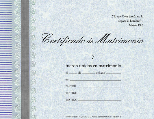 Plantilla de certificado de matrimonio en español en papel de tamaño carta (8 1/2 x 11), con espacios para rellenar los nombres, la fecha, el nombre del párroco y los de los testigos; incluye un versículo bíblico de Mateo 19:6 y un borde decorativo.