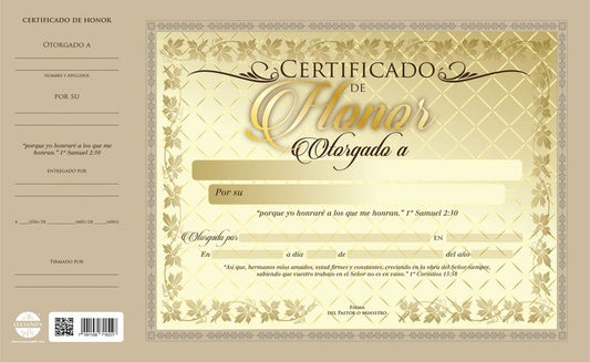 Plantilla de certificado de honor en tonos dorados y beige con bordes florales, tamaño 211 x 356 mm, espacios en blanco para el nombre y los datos del destinatario, referencias religiosas en español; incluye un paquete de 20 unidades.