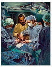 Cuatro cirujanos vestidos con bata operan a un paciente mientras una figura parecida a Jesús se encuentra detrás de ellos, guiando la mano de uno de los cirujanos; todo ello plasmado en este inspirador póster de 16 x 20, ideal como decoración de pared para cualquier espacio.