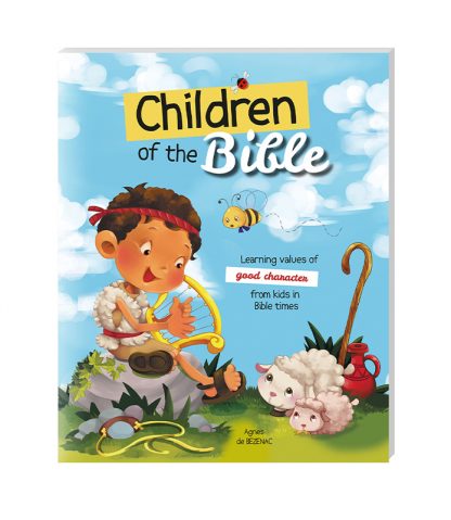 Portada ilustrada del libro infantil cristiano «Los niños de la Biblia», en la que aparece un niño tocando el arpa junto a dos ovejas, un bastón y una jarra, sobre la hierba bajo un cielo azul con nubes. Perfecta para compartir historias bíblicas con los niños.