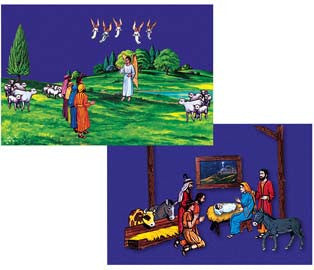 Dos escenas ilustradas: una muestra a pastores y ángeles en un campo con ovejas; la otra representa a un grupo de personas reunidas alrededor del Niño Jesús en un pesebre, con animales cerca, dentro de un establo.