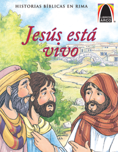 Ilustración de tres hombres vestidos con atuendos bíblicos conversando al aire libre, con edificios antiguos al fondo. El texto «Jesús está vivo» hace referencia a la escena de los discípulos de Emaús en Lucas 24:13-35, tras la resurrección de Jesús.
