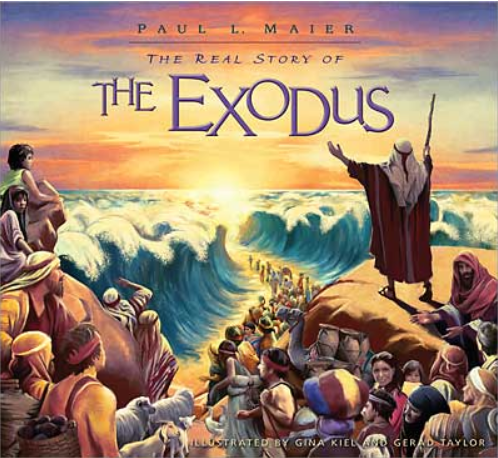 Ilustración de Moisés abriendo el Mar Rojo mientras los israelitas se dirigen hacia la Tierra Prometida, que aparece en la portada del libro *La verdadera historia del Éxodo*, de Paul L. Maier.