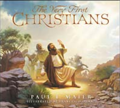 Portada del libro *Los primeros cristianos*, de Paul L. Maier, en la que se muestra una escena bíblica ilustrada inspirada en la Iglesia primitiva, con un hombre arrodillado en un camino rocoso bajo un cielo luminoso.