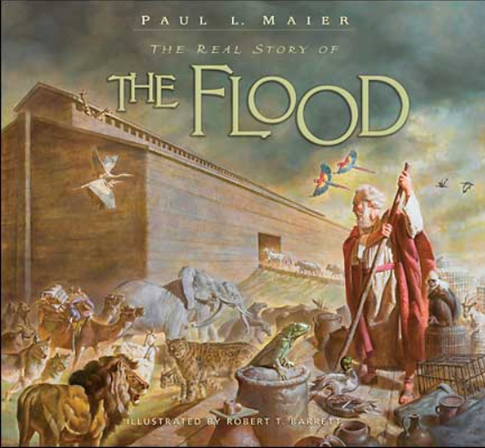 La portada de un libro ilustrado muestra a Noé de pie junto al arca, rodeado de animales, con pájaros volando sobre su cabeza. El título reza: «La verdadera historia del Diluvio», de Paul L. Maier, inspirada en los acontecimientos descritos en las Escrituras.