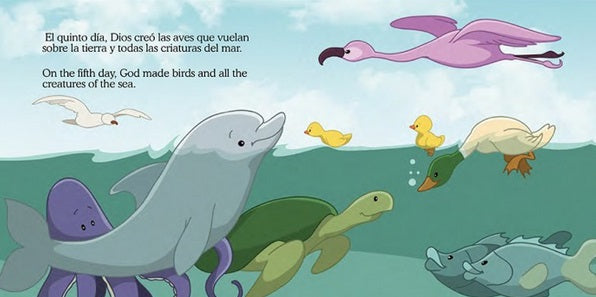 Animales de dibujos animados, como delfines, tortugas y un flamenco, nadan y vuelan en este librito bilingüe para niños; el texto explica que Dios creó a las aves y a las criaturas marinas el quinto día.