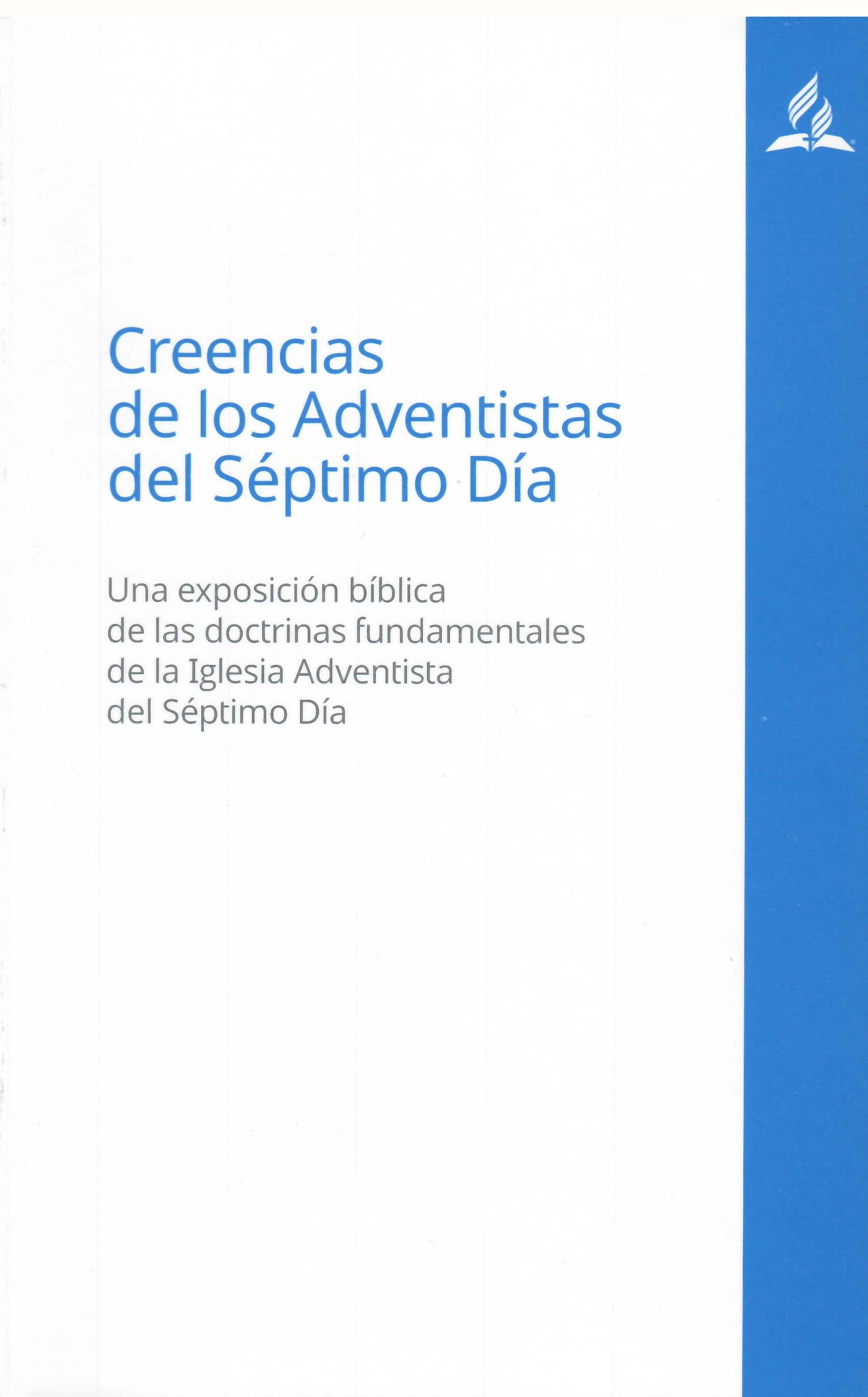 Portada de un libro en español titulado «Creencias de los Adventistas del Séptimo Día», con un diseño en blanco y azul en el que aparece el logotipo de la Iglesia Adventista en la esquina superior derecha, y que destaca las creencias adventistas inspiradas en Elena G. de White.