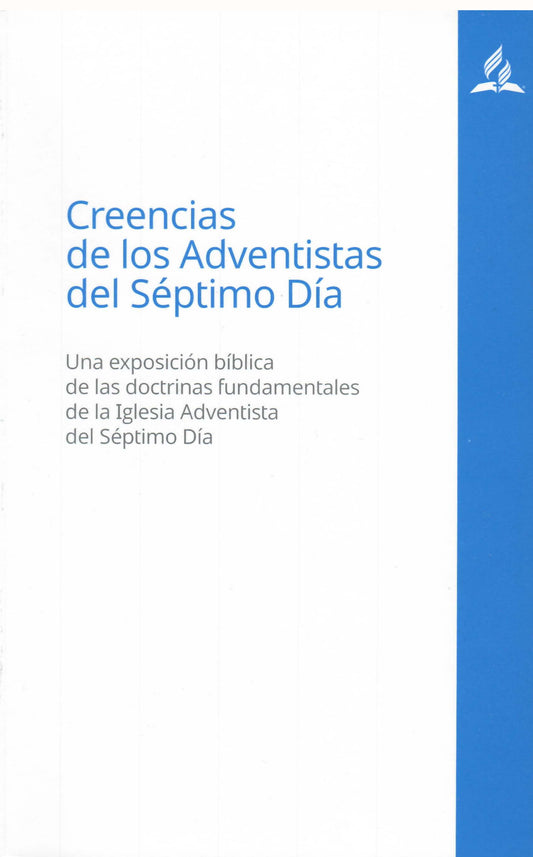 Portada de un libro en español titulado «Creencias de los Adventistas del Séptimo Día», con un diseño en blanco y azul en el que aparece el logotipo de la Iglesia Adventista en la esquina superior derecha, y que destaca las creencias adventistas inspiradas en Elena G. de White.