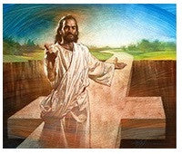 Ilustración de un hombre con una túnica blanca de pie sobre un gran puente en forma de cruz que cruza un abismo, con un paisaje al fondo, diseñada como una tarjeta postal de 5 x 7 pulgadas.