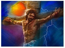 Representación de un hombre crucificado en una cruz de madera, con un fondo de colores vivos y relámpagos en el cielo, presentada en formato de tarjeta postal de 5 x 7 pulgadas.