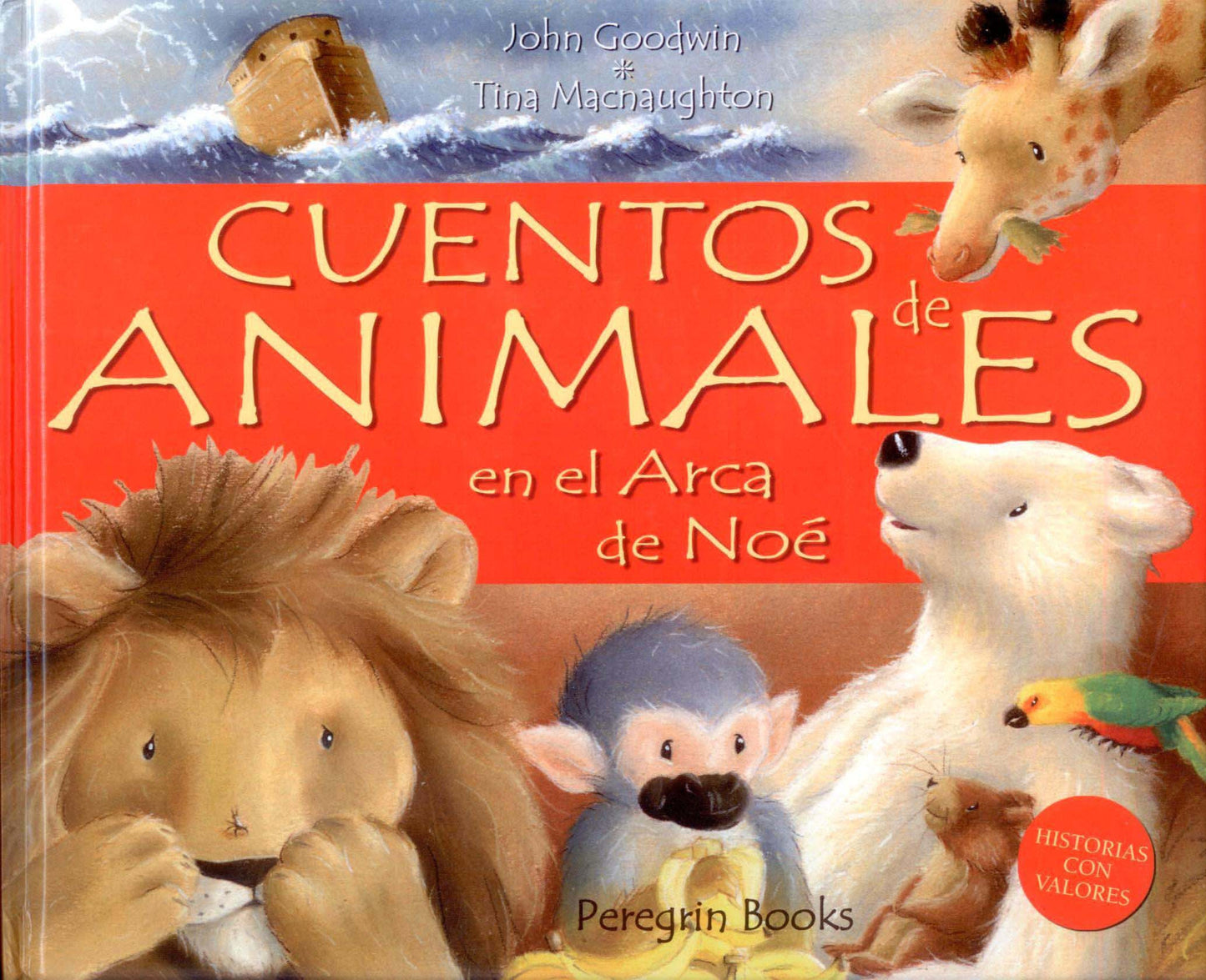Portada del libro *Cuentos de Animales en el Arca de Noé*, en la que aparecen animales ilustrados, como una jirafa, un caballo, un oso, un mono y un pato, sobre un fondo rojo.