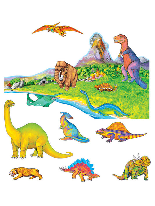 Ilustración de diversos animales prehistóricos de colores, entre los que se incluyen dinosaurios de fieltro, un mamut lanudo y un volcán en erupción al fondo, creando una vibrante escena volcánica.