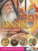 Portada de un libro titulado «Daniel», con imágenes de un hombre barbudo, un reloj de arena, una estatua, un cometa y cuatro bestias; debajo del título hay un texto en español que hace referencia a los «cautivos en Babilonia».