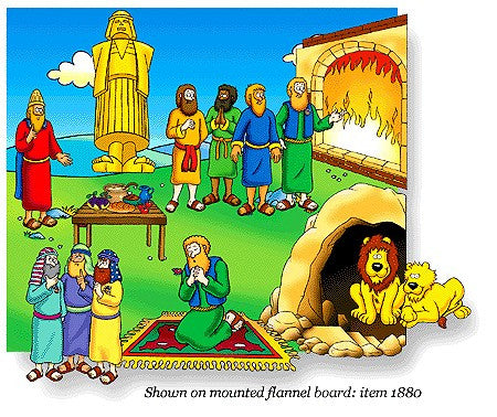 Ilustración a todo color en la que aparecen personajes de historias bíblicas: Daniel en el foso de los leones, el horno ardiente con los tres hombres y un grupo de personas reunidas junto a una estatua y una mesa con comida.