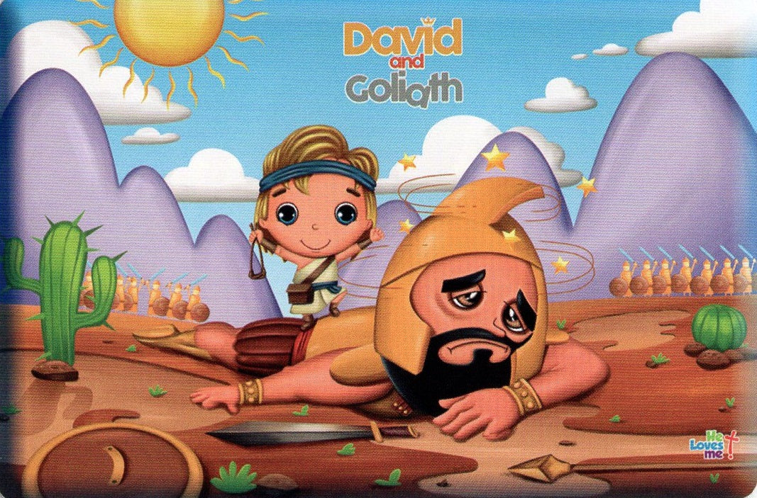 Ilustración de cómic en la que se ve a David de pie junto al cuerpo caído de Goliat, con un fondo de desierto soleado y el texto «David y Goliat» en la parte superior, en un mantel individual de 18 x 12 —perfecto para tu colección «Mantel Individual».