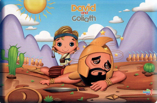 Ilustración de cómic en la que se ve a David de pie junto al cuerpo caído de Goliat, con un fondo de desierto soleado y el texto «David y Goliat» en la parte superior, en un mantel individual de 18 x 12 —perfecto para tu colección «Mantel Individual».
