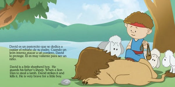 Un niño pastor ilustrado con una honda está sentado junto a un león, rodeado de ovejas, junto a un árbol y un río: perfecto para un libro infantil religioso de la serie «Pequeños Héroes de la Biblia».