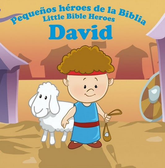 Ilustración de cómic de David, personaje de la Biblia, con una honda, junto a una oveja. El texto dice: «Pequeños héroes de la Biblia, un librito bilingüe para niños — Little Bible Heroes, David». Un libro infantil religioso perfecto para los lectores más jóvenes.