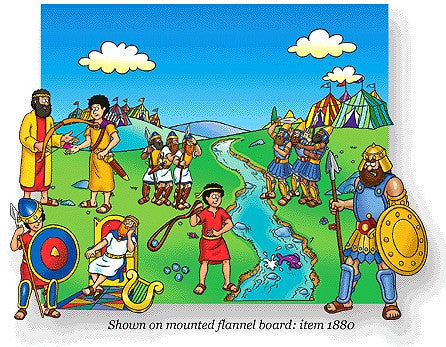 Ilustración a todo color de la historia de David y Goliat, en la que aparecen personajes bíblicos clave —David con su honda, Goliat con su armadura, soldados y tiendas de campaña—, ideal para contar historias con el tablero de franela o para la enseñanza.