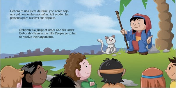 Una ilustración de Débora, jueza de Israel, bajo una palmera con su bastón y su gato, mientras los niños la escuchan. El texto, en español e inglés, cuenta su historia. Ideal como librito bilingüe para niños y parte de la colección «Pequeños héroes de la Biblia».