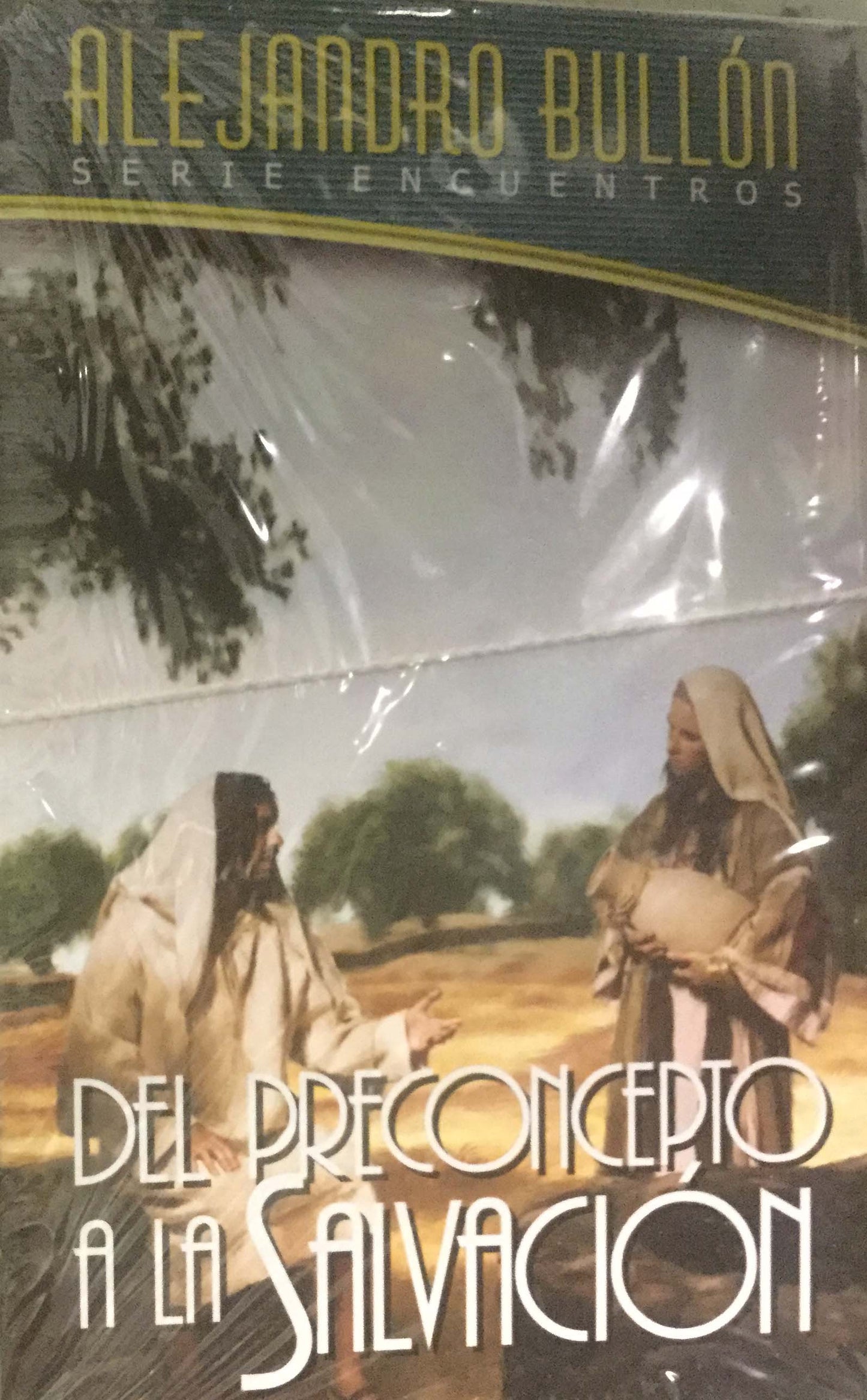 Portada del librito *Del Preconcepto a la Salvación*, de Alejandro Bullon, perteneciente a la Serie *Encuentros*, en la que aparecen dos personas con atuendos bíblicos conversando al aire libre bajo unos árboles.
