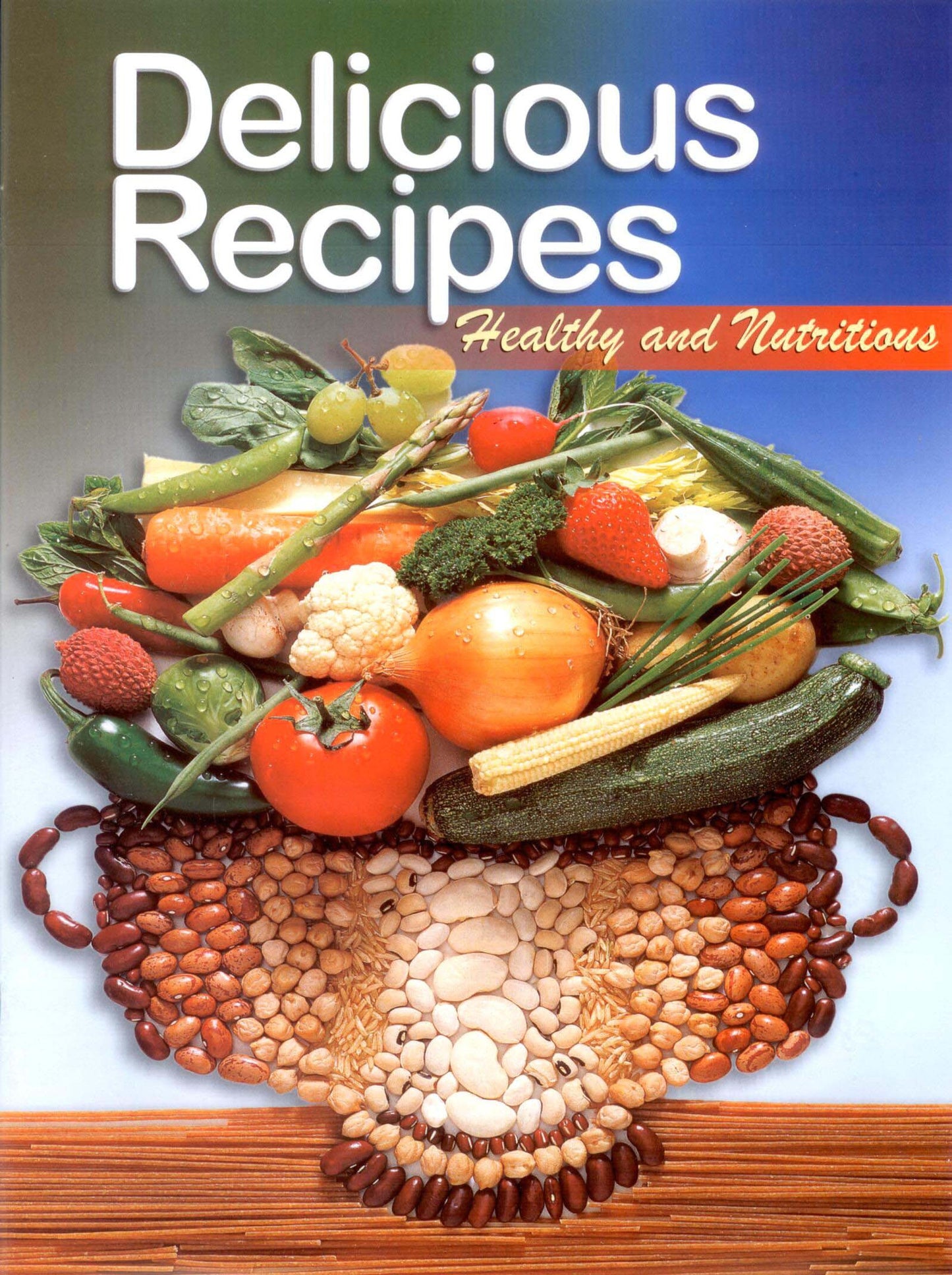 Portada de un libro de cocina titulado «Recetas deliciosas: saludables y nutritivas», en la que aparece un rostro formado por diversas verduras y legumbres, que rinde homenaje al arte culinario e inspira la creatividad en la cocina moderna.