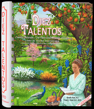 Una mujer está sentada en un jardín leyendo «Diez Talentos», un libro de cocina vegetariana en español repleto de recetas vegetarianas; está rodeada de frutas, flores y animales, y lleva un estilo de vida saludable.