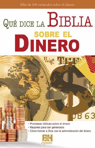Portada del libro titulado «Qué dice la Biblia sobre el dinero», un folleto ilustrado con imágenes de monedas, billetes, el símbolo del dólar y una tarjeta de crédito. Una útil herramienta de referencia sobre las promesas bíblicas, la generosidad y la mayordomía financiera.