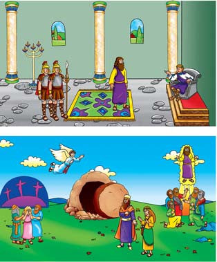 Dos escenas ilustradas: en la de arriba aparecen personajes de historias bíblicas: un hombre ante una regla y unos guardias en un palacio. La de abajo muestra una escena de la resurrección, con personas y un ángel junto a una tumba vacía y cruces al fondo.