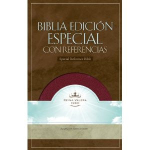 Portada de una Biblia en español titulada «Biblia Edición Especial con Referencias», con un fondo marrón, un emblema granate con el texto de la Reina-Valera 1960 (RVR 1960) y las palabras de Cristo en rojo.