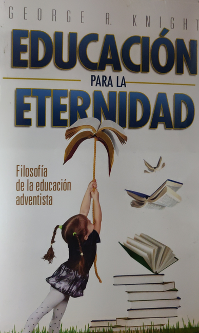 Una niña sostiene un «libro de educación» con forma de paraguas, rodeada de libros que flotan en el aire, con el texto «Educación para la eternidad y Filosofía de la educación adventista», lo que refleja el compromiso de los maestros adventistas.