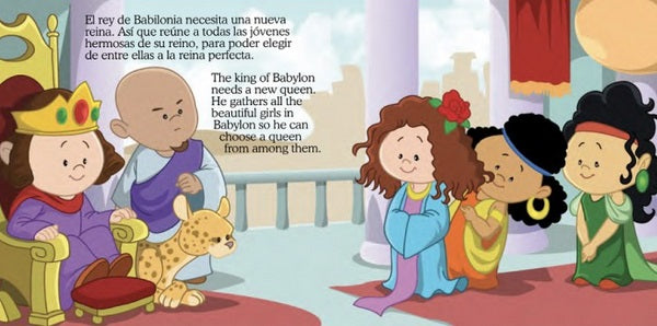 Un rey ilustrado está sentado junto a un leopardo; junto a él se encuentran un sirviente calvo y tres niñas. El texto de la «Biblia para niños» explica cómo el rey de Babilonia busca una reina entre las mujeres allí reunidas.