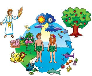 Ilustración de estilo caricaturesco de Adán y Eva en el Jardín del Edén, en la que aparecen animales, un árbol frutal, un ángel y, al fondo, el sol y la luna; ideal para ilustrar la historia de la creación en un librito de cuentos.