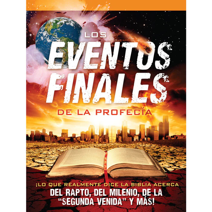 Portada de un libro en la que se ve una tierra agrietada, una Biblia abierta, el perfil de una ciudad y una imagen de la Tierra, con un texto en español sobre «el regreso de Jesús» y los acontecimientos proféticos del fin de los tiempos.