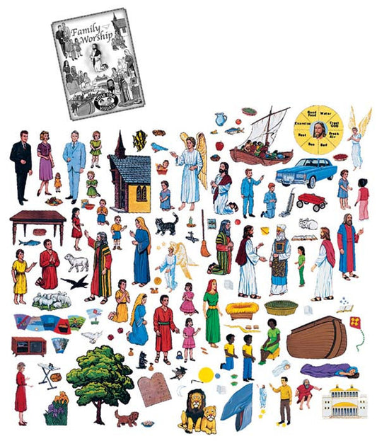 Un collage de escenas bíblicas y modernas ilustradas —que incluyen personas, animales, vehículos y figuras religiosas—, ideal para un manual del profesor o para el culto familiar, dispuestas sobre un fondo blanco.