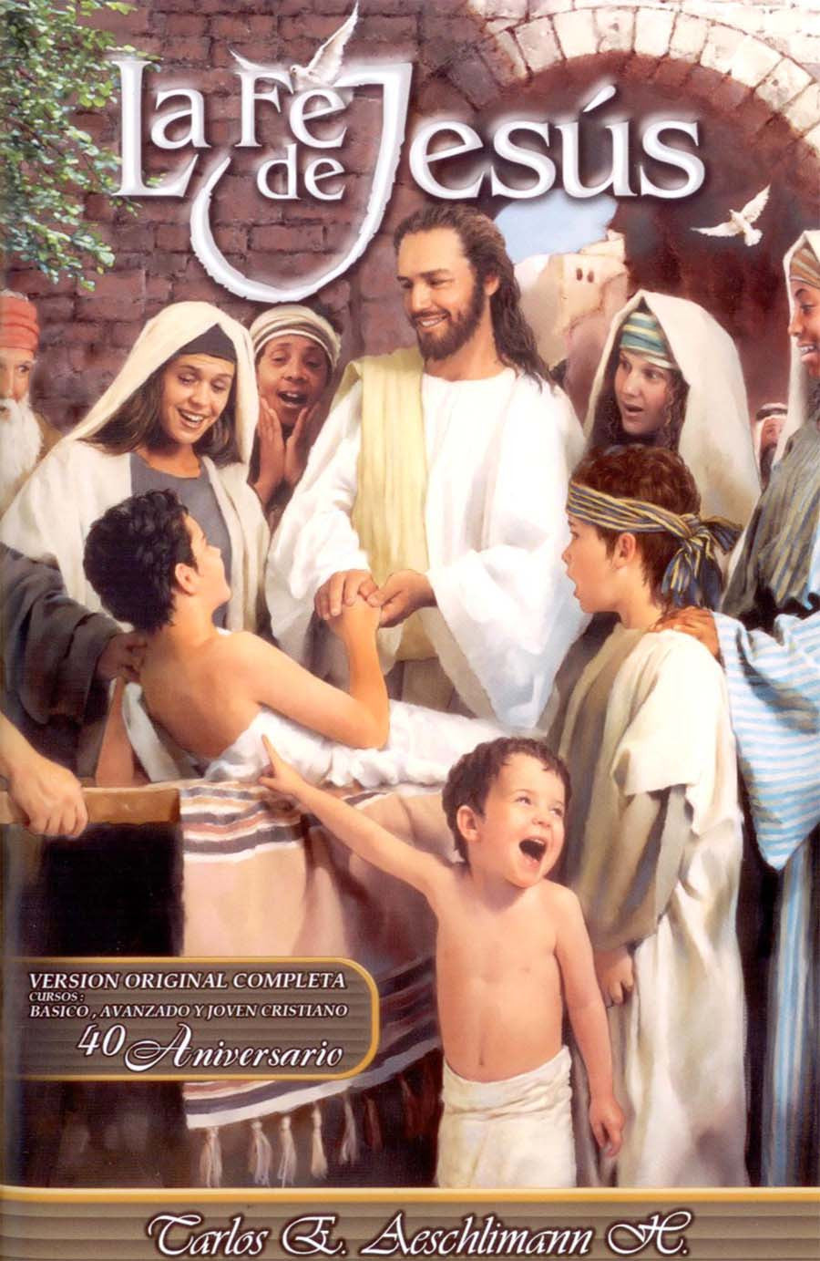 Una representación de Jesús sonriendo e interactuando con niños y adultos, en la que se hace hincapié en la doctrina cristiana, con el título «La Fe de Jesús» en español en la parte superior de la imagen.