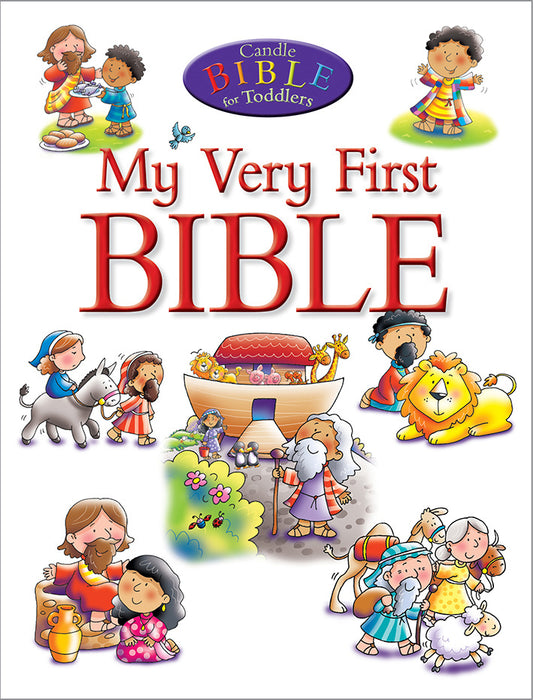 Portada ilustrada del libro de cuentos «Mi primera Biblia», en la que aparecen niños y animales —como un león, un burro y una oveja—, junto con el Arca de Noé y personajes bíblicos en colores vivos: una encantadora Biblia para niños.