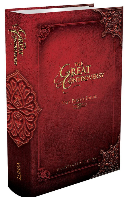 Un libro de tapa dura de color rojo titulado *El gran conflicto: Pasado, presente y futuro*, de E. G. White, en edición ilustrada, analiza los orígenes del conflicto entre Cristo y Satanás; la cubierta presenta motivos decorativos ornamentados en oro y en relieve.
