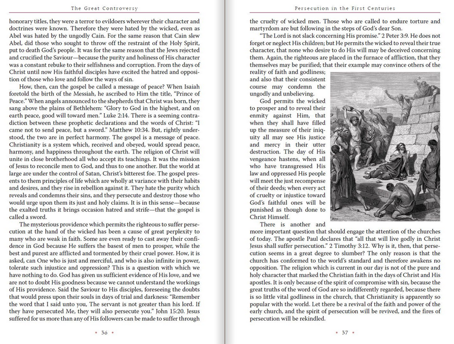 Dos páginas del libro muestran un texto denso extraído de *El gran conflicto*, en el que se aborda la persecución religiosa, los orígenes del conflicto entre Cristo y Satanás y las experiencias de los primeros cristianos. Las páginas están numeradas como 56 y 57. No hay imágenes ni ilustraciones.