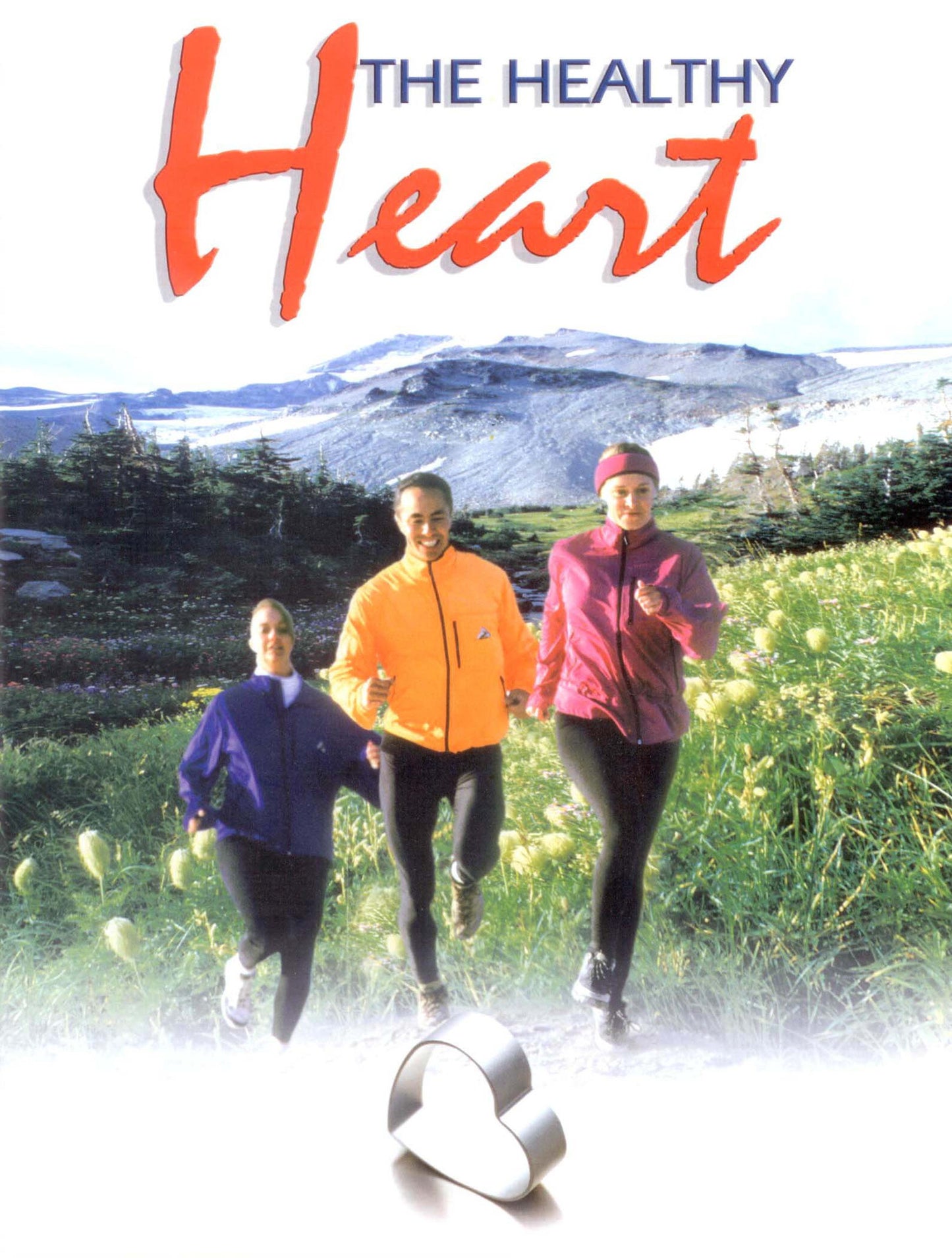 Tres personas con chaquetas corren al aire libre por un sendero cubierto de hierba, con las montañas de fondo. En la parte superior se lee «The Healthy Heart» y en la parte inferior aparece un objeto con forma de corazón; la imagen promueve formas de prevenir la hipertensión y las enfermedades cardiovasculares.