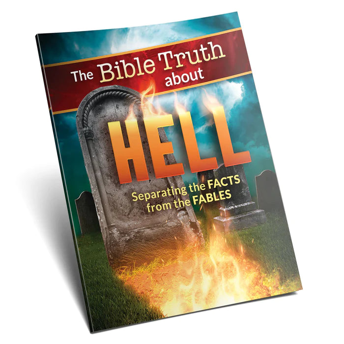Un folleto titulado «La verdad bíblica sobre el infierno: separando los HECHOS de las FÁBULAS», cuya portada muestra una lápida y llamas, aborda temas como el capítulo 14 del Apocalipsis y el mensaje de los tres ángeles para profundizar en la comprensión bíblica.