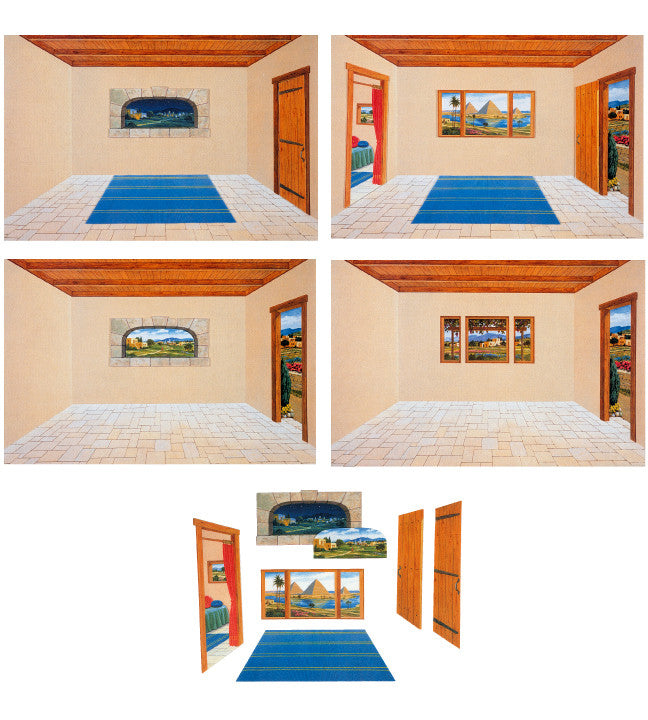 Cinco ilustraciones de una habitación muestran diferentes vistas desde la ventana; la imagen final combina elementos arquitectónicos de las cuatro anteriores en un franelógrafo abstracto, creando un panel de fondo interior único para una biblioteca didáctica.