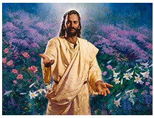 Un hombre con una túnica clara, el pelo largo y barba, aparece de pie con los brazos abiertos frente a flores de colores y vegetación; ideal como cuadro o póster de 14 x 11.