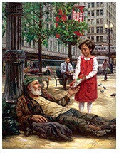 Una niña con un vestido rojo le da de comer a un hombre sin hogar sentado en la acera de un parque de la ciudad, con otras personas y edificios al fondo: una escena conmovedora perfecta para un póster de 16 x 20.