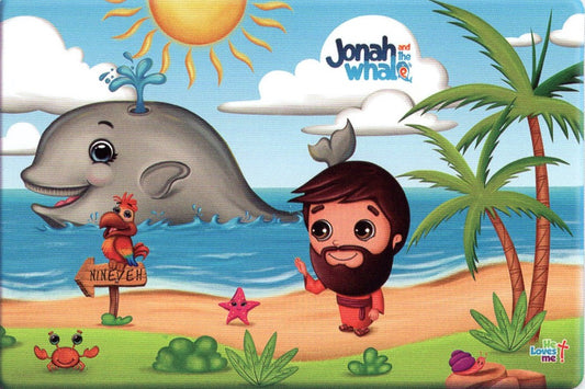 Dibujo de Jonás en una playa con una ballena en el agua, una palmera y un pájaro sobre un letrero que dice «Nínive»: ¡perfecto para dar un toque de alegría a tu mantel individual! Este mantel individual de 18 x 12 de Mantel muestra un cangrejo y una estrella de mar bajo un cielo soleado.