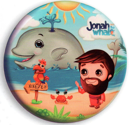 Ilustración de dibujos animados en la que se ve a Jonás de pie en una playa con un cangrejo, un pájaro y una ballena en el agua, bajo el sol. Un cartel señala hacia Nínive. El texto dice: «Jonás y la ballena».