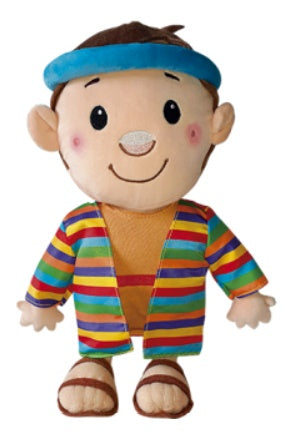 Muñeco de peluche fabricado en poliéster, con pelo castaño, una diadema azul, una bata a rayas multicolor, una camiseta de color beige, sandalias y una cara sonriente. Tamaño: 30,5 cm x 17 cm (12 x 6,69 pulgadas), perfecto para abrazarlo y jugar con él.