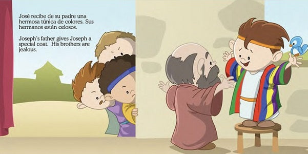 En este libro infantil bíblico de la serie «Pequeños Héroes de la Biblia», un hombre mayor le regala un abrigo de colores a un niño que sonríe, mientras tres niños observan desde detrás de un muro con aire triste.