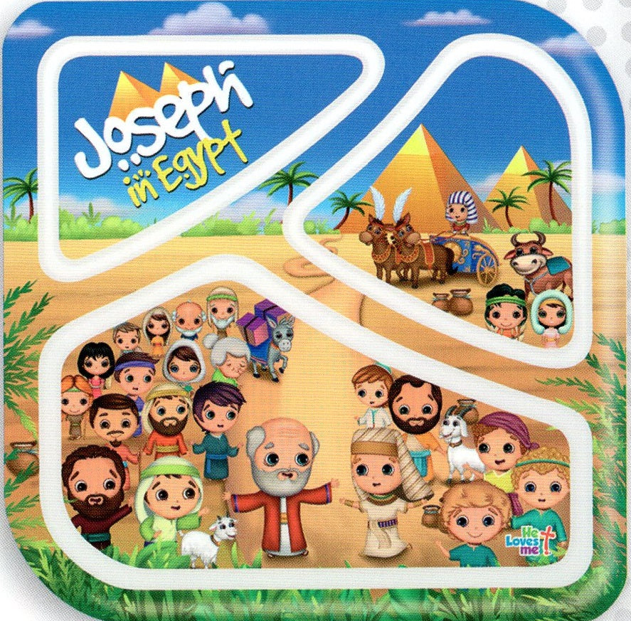 Ilustración de dibujos animados de José en Egipto, en la que aparecen pirámides, José con sus hermanos, animales y personajes egipcios en un entorno desértico.